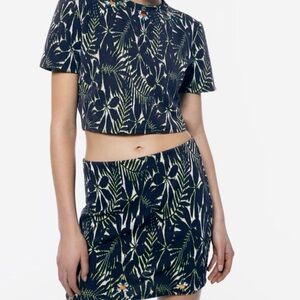 Navy Tropical Print Crop Top and Skirt Set